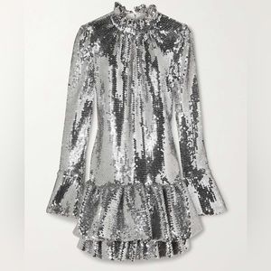 Paco Rabanne Ruffled sequined stretch-tulle Long Sleeve mini dress FR38/US6